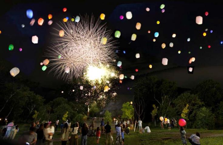 東京/新宿発]春の夜空に舞い上がる幻想的な灯りと打上花火の