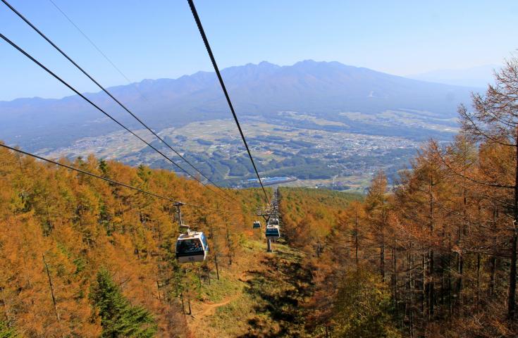 10月中旬になると木々が鮮やかに色づき始め、赤、黄、橙の三段に彩られた紅葉と八ヶ岳、富士山を望むことができます。