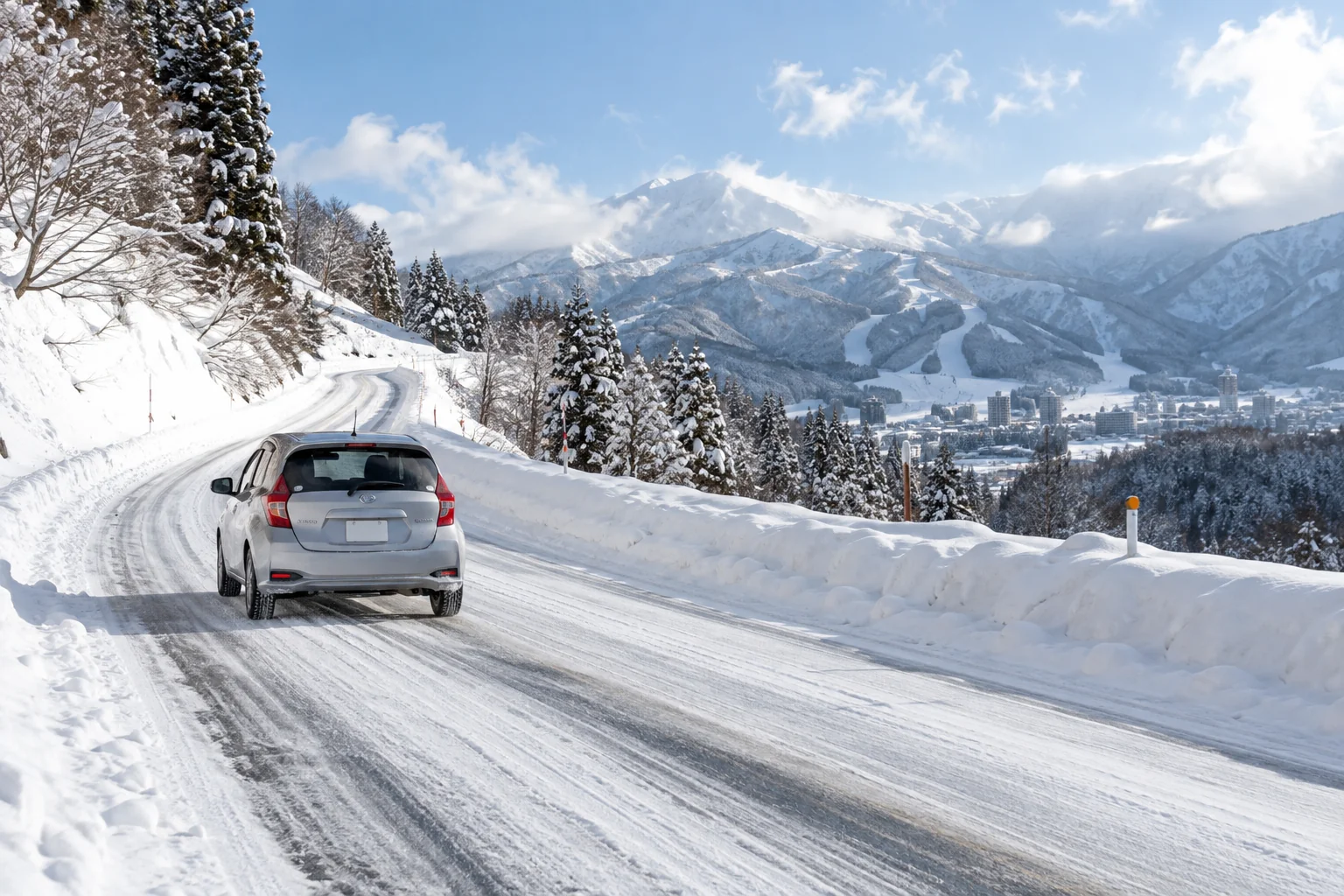 雪の積もった山間部の坂道を走る車