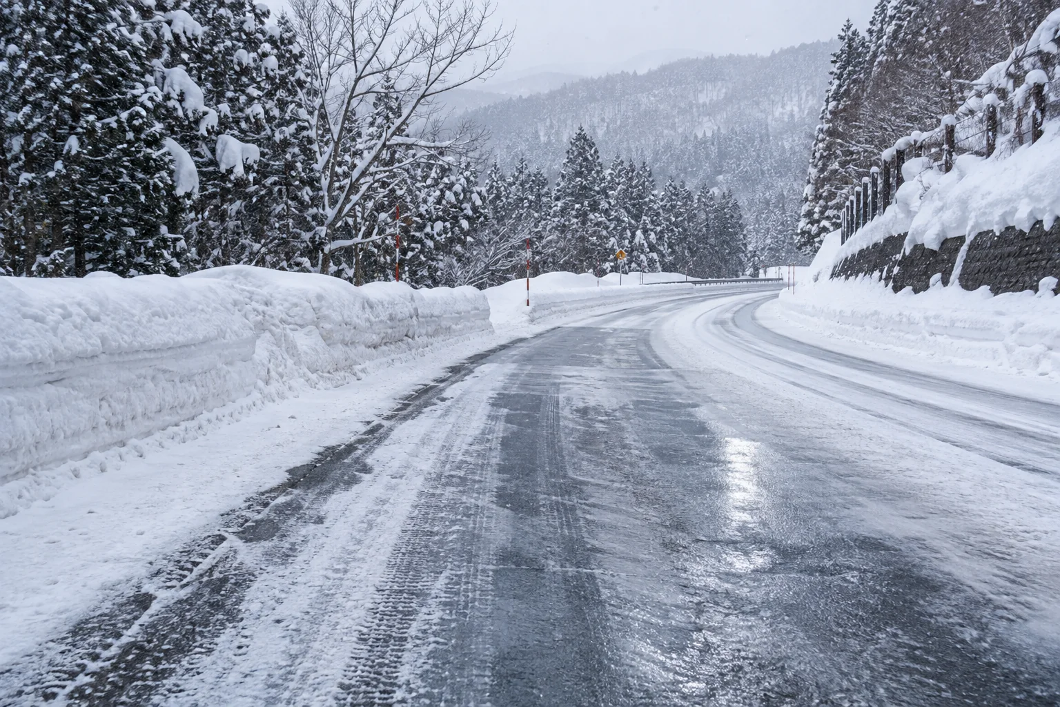 圧雪と凍結が混じる冬の山道
