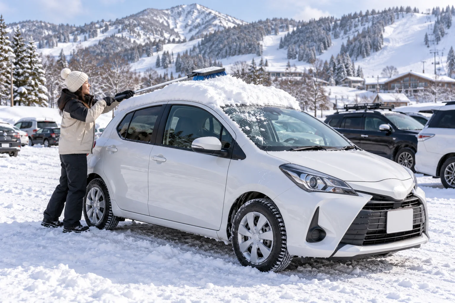 駐車場で車の屋根の雪をブラシで払う様子