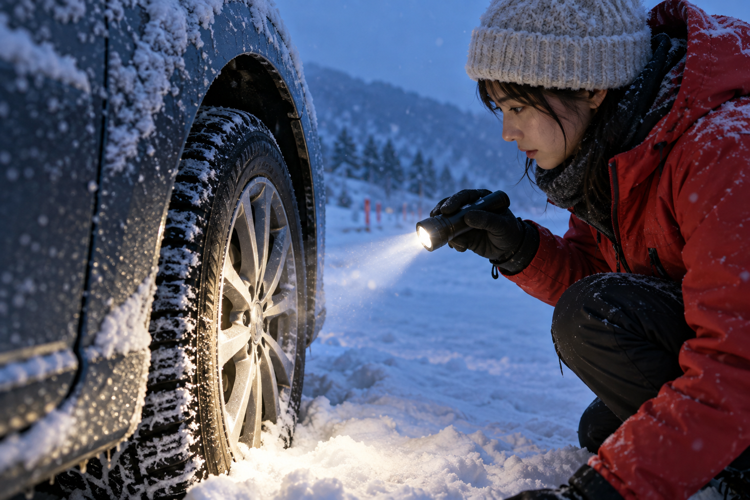 暗い雪道で車のタイヤを照らす懐中電灯