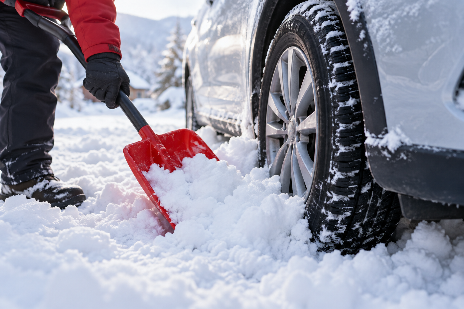 車のタイヤ周辺を除雪するスコップ
