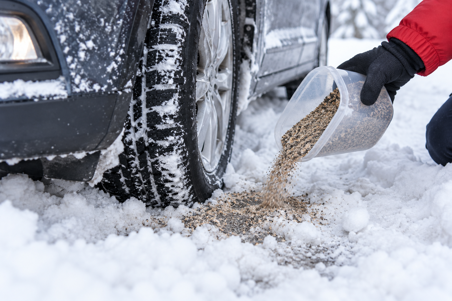 雪にはまったタイヤの前にまく滑り止め用の砂