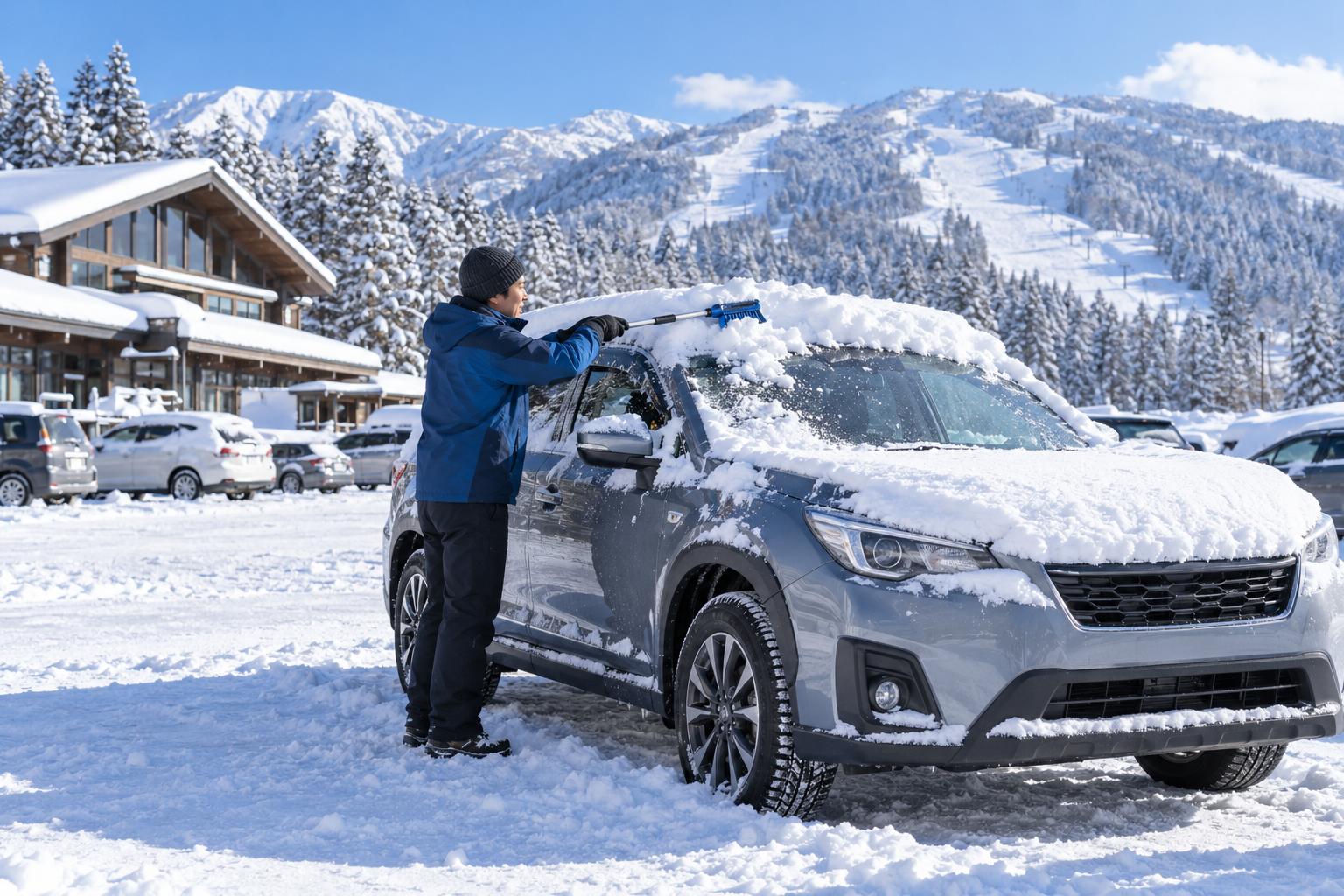 車の屋根と窓の雪を落とす